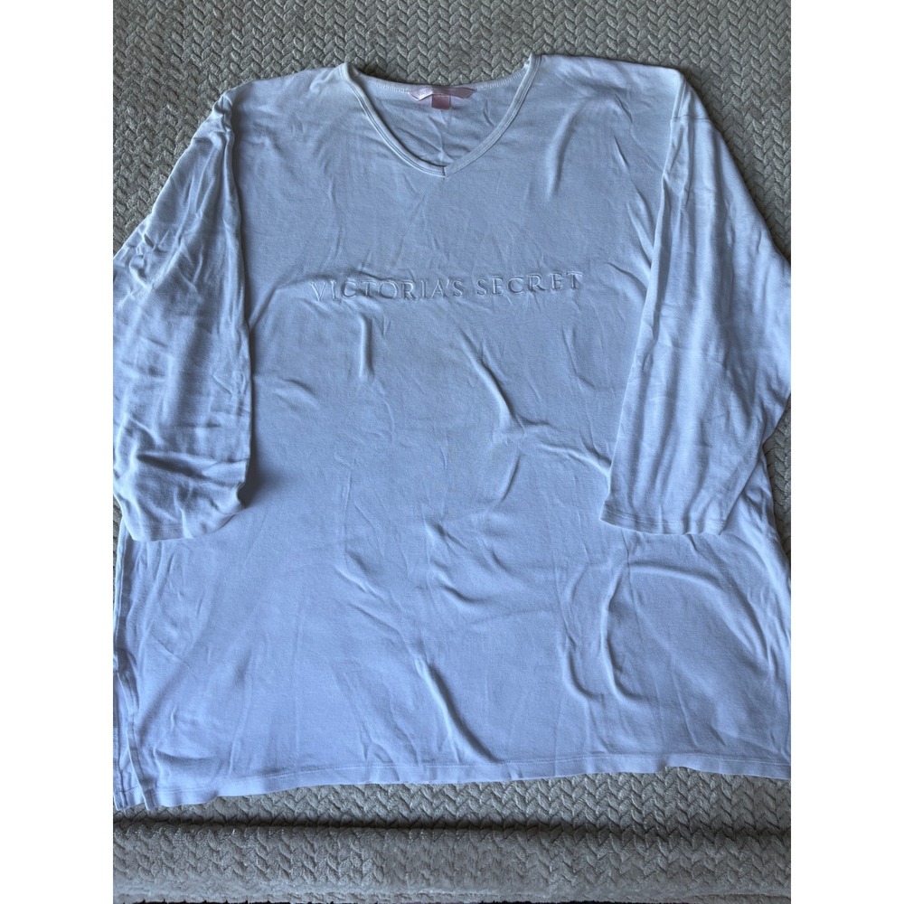 Victoria's Secret White Embroidered Logo Long Sleeve V-Neck Sleep Shirt Top